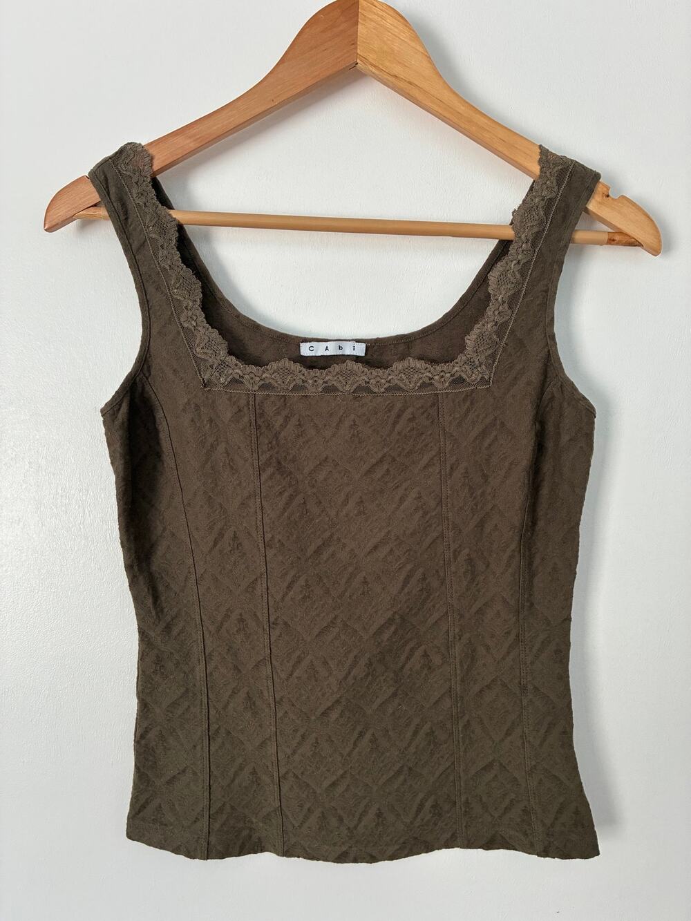 CAbi Chocolate Brown Crop Tank w/Lace Trim Square Neck Coquette Size S